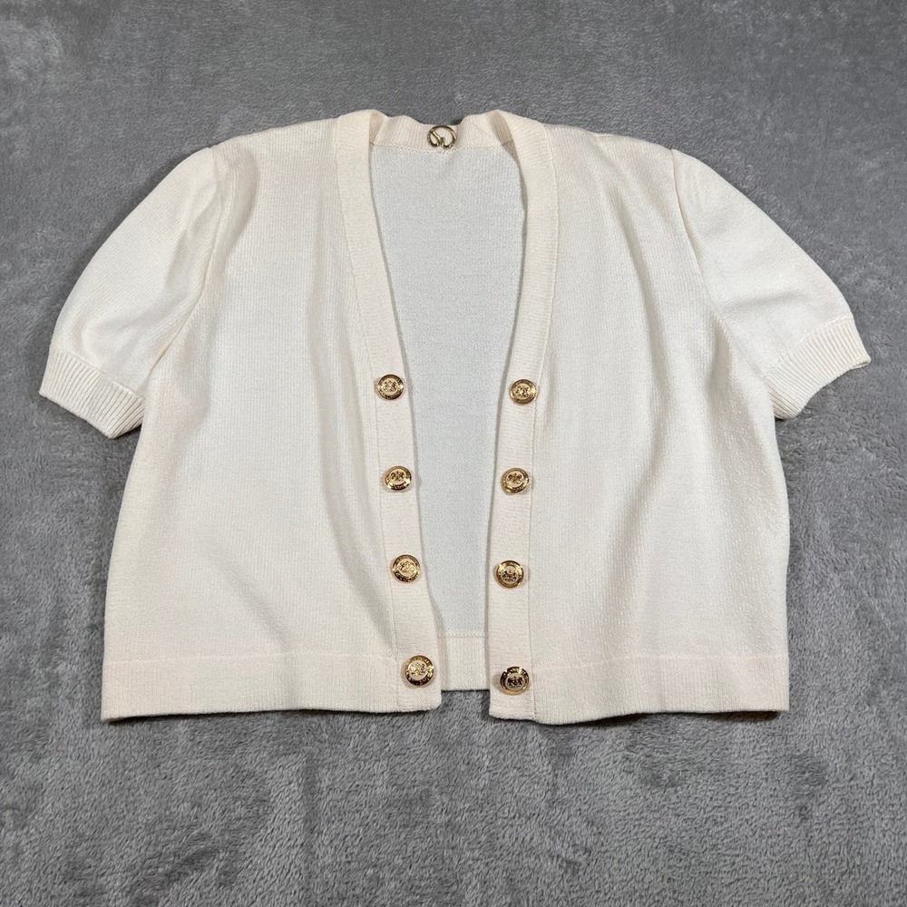 St. John Cardigan Womens Size 8 Off White Gold Button Knit Short Sleeve Career